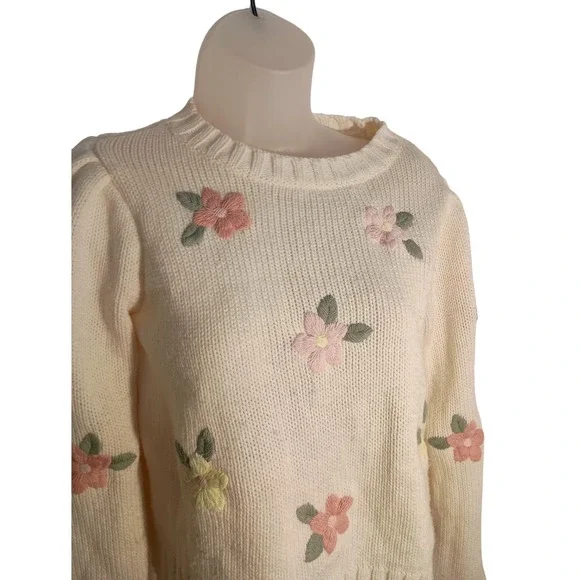 jessica simpson cottage pink purple yellow floral embroidery long sleeve Sweater - Picture 5 of 11